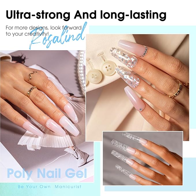 ROSALIND Poly Nail Gel Kit -12 Colors + Nail Art Accessories Kit Summer Neon Poly Nails Gel Kit Starter Kit With Slip Solution Pro Bright Colors Nail Extensions Gel Set with Mini UV Lamp-BrightBean Baby