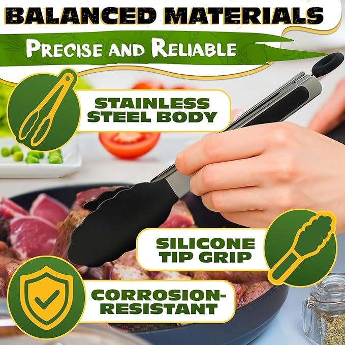 3Pcs Kitchen Tongs with Silicone Tips - Tong Set 7/9/12" | Silicone Tongs for Cooking Heat Resistant, High Temperature, Non Stick, Built-In Lock Ring - Stainless Steel Kitchen Utensils for Cooking
