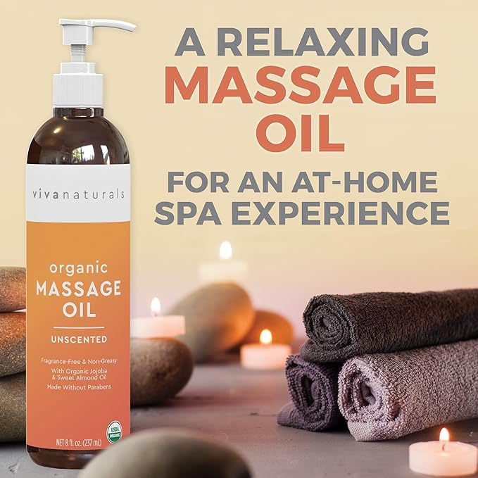 Viva Naturals Organic Massage Oil Unscented (8 fl. oz.) - Non-Greasy Body Oil with Mess-Free Pump, Moisturizing Massage Oils for Massage Therapy, Non-GMO and Certified Organic, 237 mL-BrightBean Baby