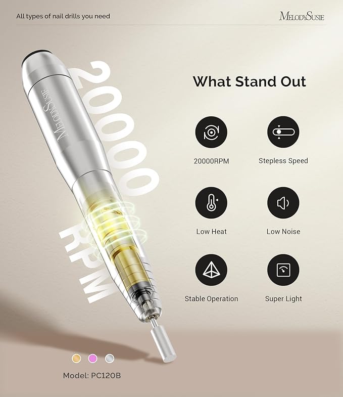 MelodySusie Portable Electric Nail Drill,PC120B Compact Efile Electrical Professional Nail File Kit for Acrylic, Gel Nails, Manicure Pedicure Polishing Shape Tools Design for Home Salon Use, Silver-BrightBean Baby