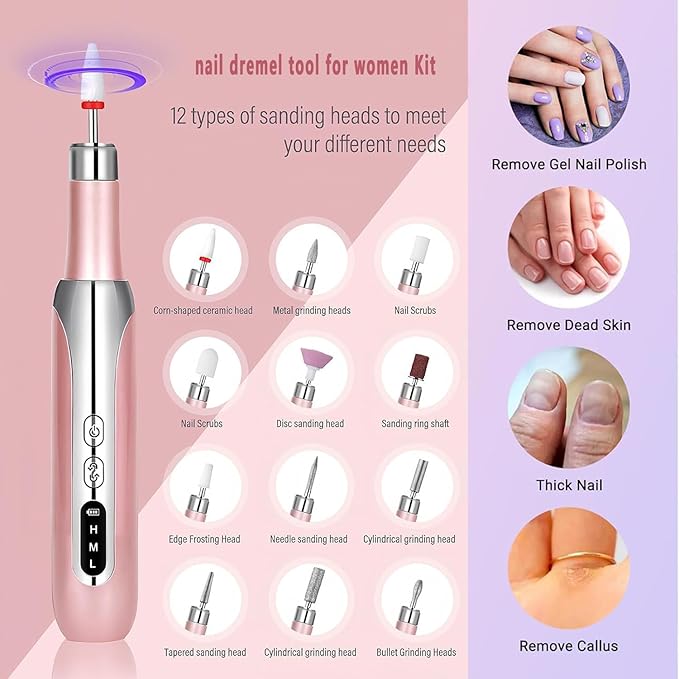 Electric Nail Drill File Cordless,Portable Rechargeable Nail File Kit for Acrylic & Gel Nails,Professional Efile for Manicure Pedicure Polishing,with 12 Nail Drill Bits 31 Sanding Bands,Rose Gold-BrightBean Baby