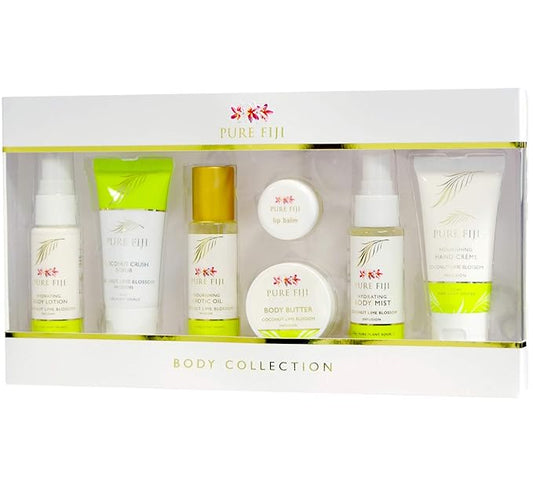 Pure Fiji Body Collection 7pacs- Bath and Body Gift Set Include - Body Mist,Coconut Crush, Body Oil, Body Butter, Soap, Body Lotion, Hand Creme - Travel Size, Scent Coconut Lime Blossom-BrightBean Baby
