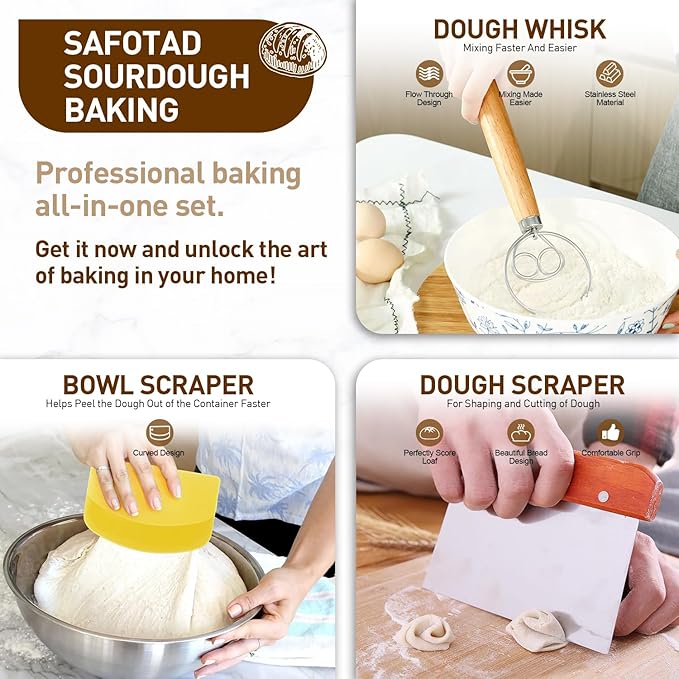 Banneton Bread Proofing Basket, Sourdough Starter Kit, 9" Round Sourdough Bread Baking Supplies with Dough Whisk, Bread Lame, Brush, Scrapers, Flour Duster & Stencils, Bread Making Tools Gift Set