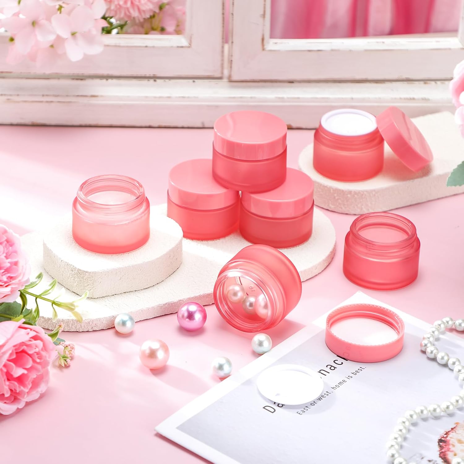 Domensi 100 Pcs 1 oz Glass Jars with Lids Bulk Round Glass Cosmetic Jars Lids 1 oz Small Travel Containers with Inner Liner for Lotions Powders Ointments Sample Cream (Pink,Pink)-BrightBean Baby