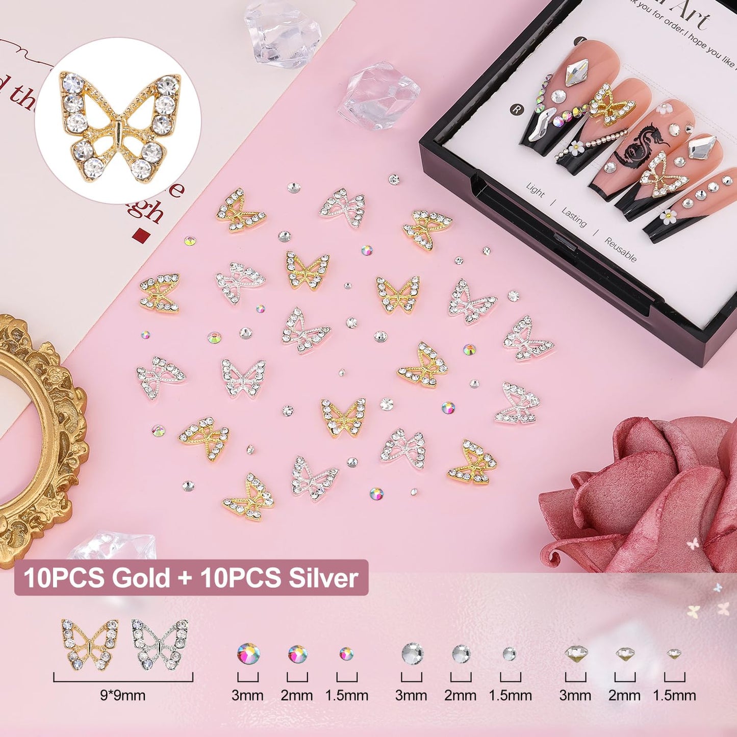 3D Nail Charms and Gems Set 7, 20PCS Chunky Butterfly Charms + 75PCS Coquette Nail Bows and Hearts + 3D Flowers for Nails with Rhinestones, Pearls, Diamonds and Picker Tools for Y2K Nail Decor-BrightBean Baby