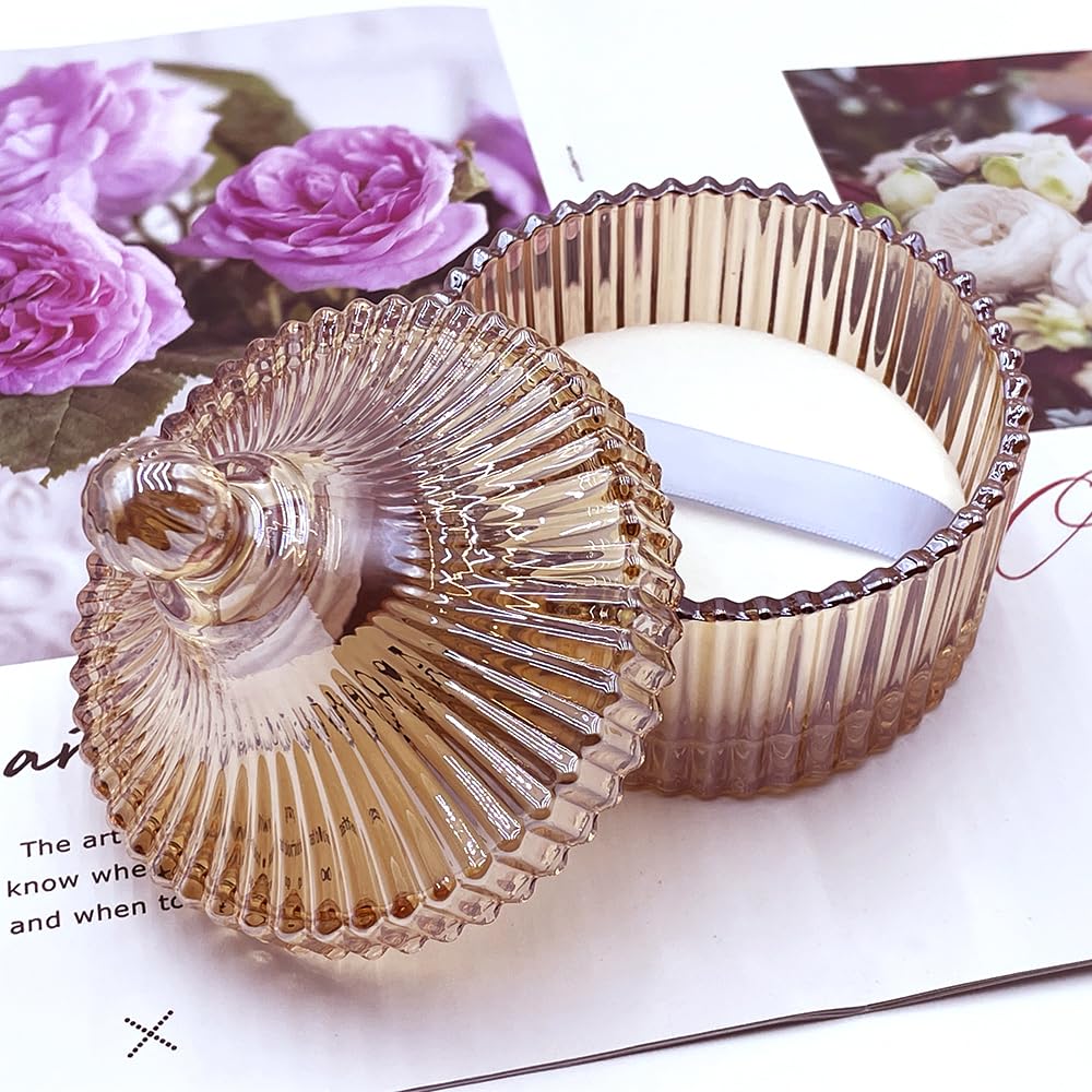 Ultra Soft Powder Puff and Container 3.3" High Density Velvet Dusting Washable Reusable Powder Puff,Body Powder Puff and Glass Jar Holder Loose Powder Box with Puff for Face Makeup(Amber)-BrightBean Baby