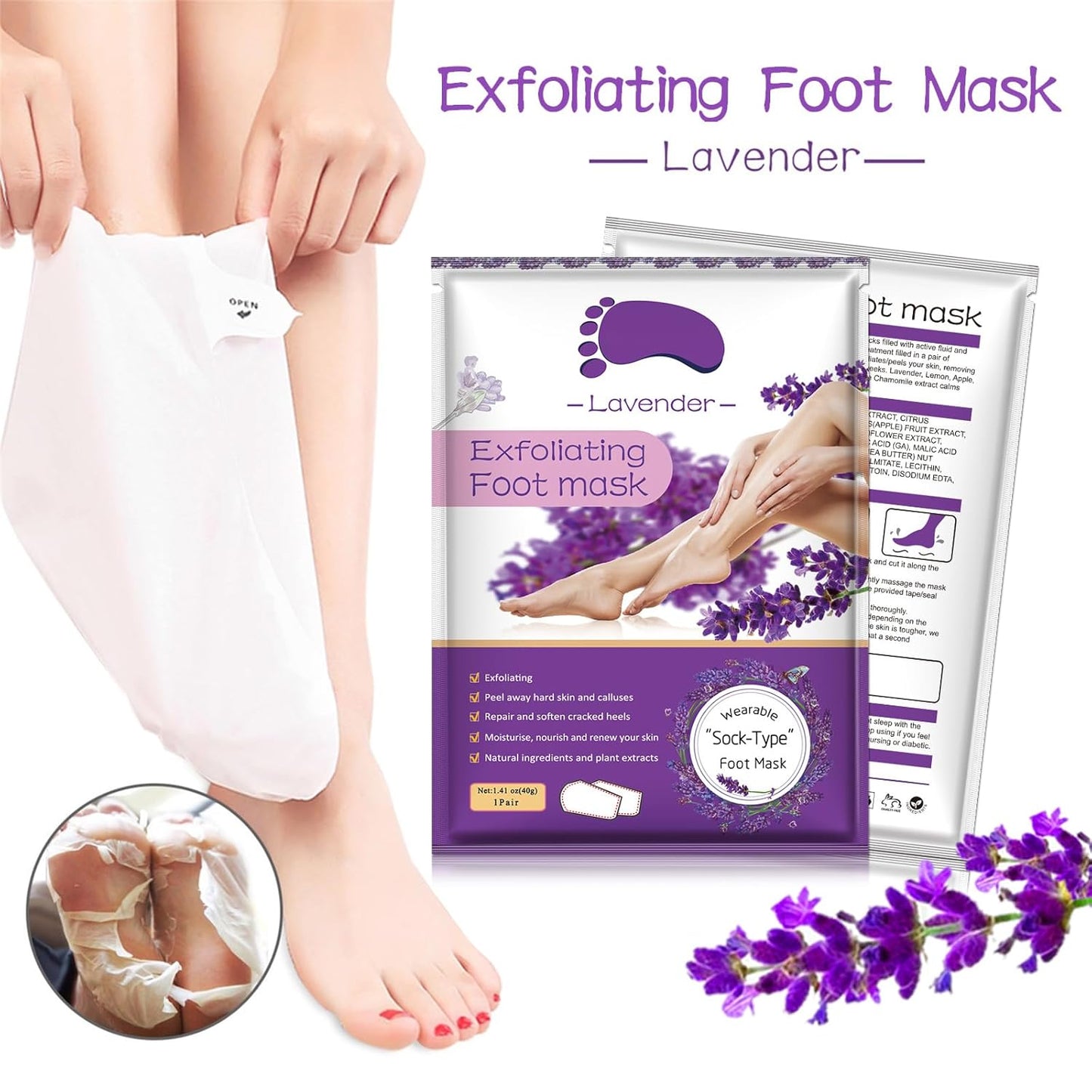 Foot Peeling Mask 5 Pack, Moisturizing Socks for Dry Foot Care, Hydrating Feet Peel Masks Repair Dry Cracked Heels, Remove Dead Skin,Callus - Women Men (Lavender)-BrightBean Baby