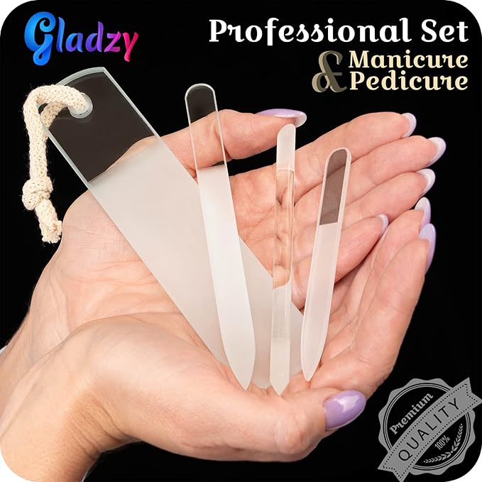 GLADZY Czech Glass Nail File Set - Multifunctional Nail Shiner Buffer, Callus Remover Foot Rasp, Glass Cuticle Pusher Manicure Stick, Etched Surface, Professional Nail Care Tool, Made in EU-BrightBean Baby