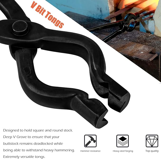 Yoursme Blacksmith Tongs - Wolf Jaw & V-bit Tongs - Blacksmith Forge Tools - Knifemaking Bladesmith - Black
