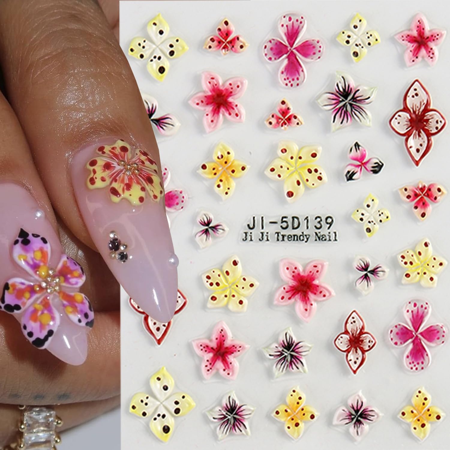 Colorful Flower Nails Art Stickers 5D Self-Adhesive Embossed Nails Stickers Hibiscus Flower Design Tropical Floral Nails Decal Supplies Women DIY Nail Art Decoration 3 Sheets-BrightBean Baby