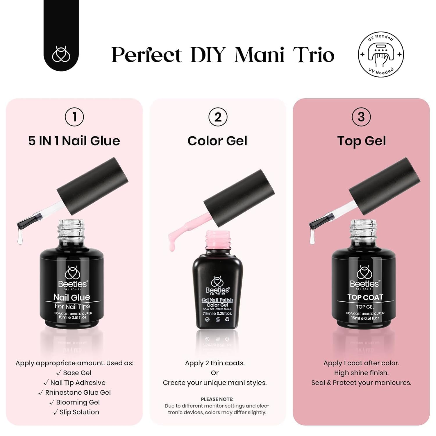 Beetles Gel Nail Kit Clear, Almond Medium, 600pcs 15 Sizes, with Pink Color Gel Top Coat 9 in 1 Glue Mini Nail Lamp, Fall Nails, Full Cover Easy Nail Extension Set for Home DIY Salon Gift for Women-BrightBean Baby