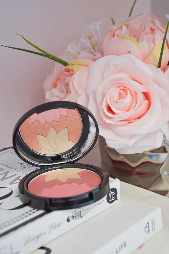 Manna Kadar Beauty - Blossom Floral Compact, Multi-functional Blush & Highlighter, 3 Shades of Pink, Coral, & Champagne for a Perfect Blend, Natural & Radiant, Use on Décolletage, Highly Pigmented-BrightBean Baby