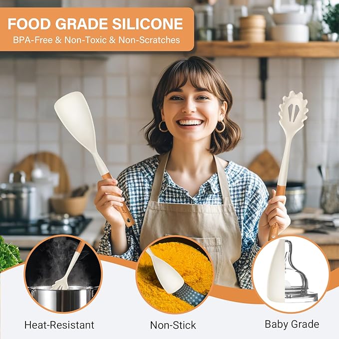 Silicone Cooking Spoon and Pasta Fork Set, 2 Pack Large Spatula Spoons Set with Wooden Handle, Heat Resistant Multifunction Spoon for Cooking, Serving and Mixing Spaghetti (White)