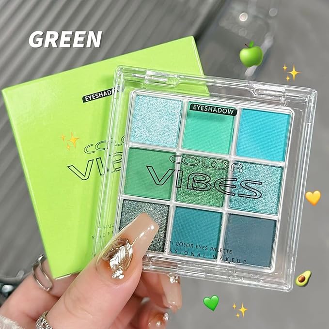 Erinde Matte Shimmer Light Deep Green Eye Shadow Palette Makeup Eyeshadow, Long Lasting Waterproof Cruelty-Free, 9 Blendable Shades Smooth Finishes Powder with Gorgeous Pearls for Girls-BrightBean Baby
