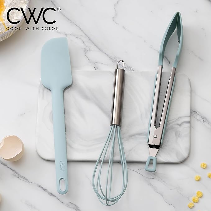 COOK WITH COLOR Stainless Steel Silicone Tipped Kitchen & BBQ Tongs Set, 3 Pc Utensils, Green