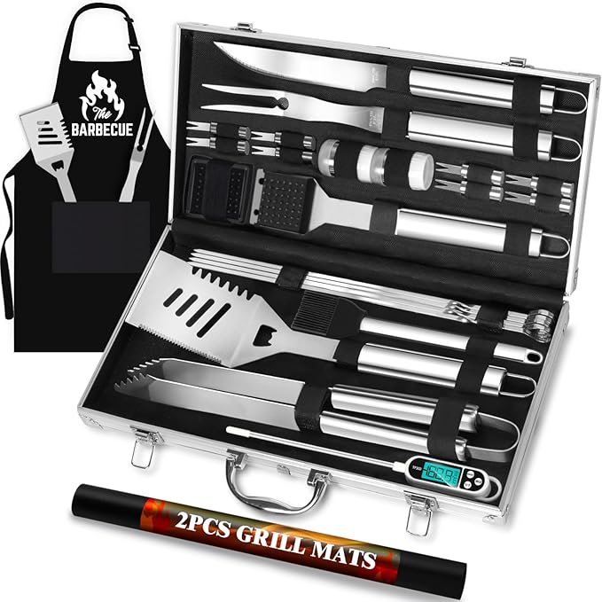ROMANTICIST 26pcs Stainless Steel Grill Tool Set, Heavy Duty BBQ Grilling Accessories Gifts for Men Dad, Non-Slip Grill Utensils Kit with Apron, Thermometer, Mats in Aluminum Case for Christmas Silver