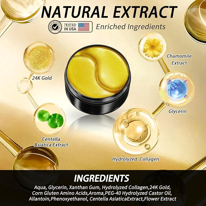24k Gold Under Eye Patches - 60 Pcs Eye Mask Pure Gold Anti-Aging Collagen Hyaluronic Acid Under Eye Mask for Dark Circles, Puffiness & Wrinkles Refresh Your Skin-BrightBean Baby
