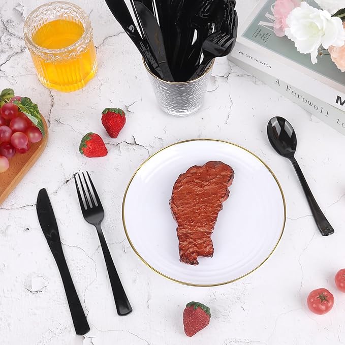 300 Pack Black Disposable Plastic Silverware Heavy Duty,Black Cutlery Set, Plastic Forks and Spoons Knives Utensils Set for Birthday Party Prom Night,Weddings,Halloween