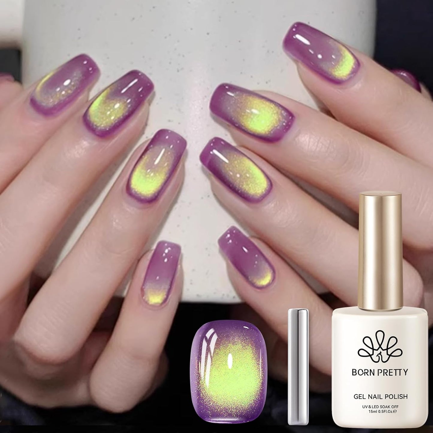 BORN PRETTY Cat Magnetic Eye Gel Nail Polish, Magenta Yellow Cat Glitter Cat Magnetic Gel Nail Polish Honey Trap Magnetic Nail Polish for Nail Art Manicure Salon DIY at Home 15ML-BrightBean Baby