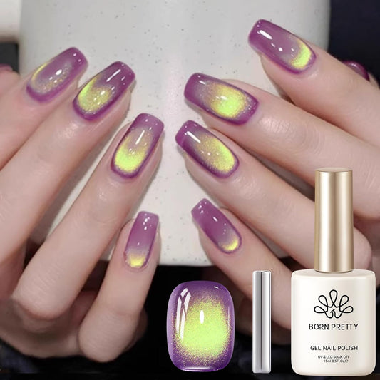 BORN PRETTY Cat Magnetic Eye Gel Nail Polish, Magenta Yellow Cat Glitter Cat Magnetic Gel Nail Polish Honey Trap Magnetic Nail Polish for Nail Art Manicure Salon DIY at Home 15ML-BrightBean Baby
