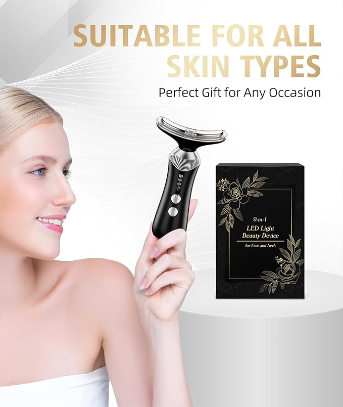 9-in-1 Red-Light-Therapy-for-Face-and-Neck, Portable Facial Massager Tool with Adjustable Vibration & Thermals for Wrinkles, Double Chin, Black-BrightBean Baby