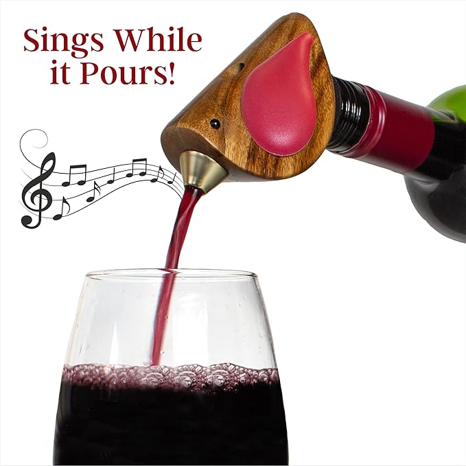 Songbird Specialties Wine Bottle Pourer, Fun Wine Pourer Spout Sings While It Pours, Airtight Wine Bottle Sealer, Acacia Wood with Red Wings