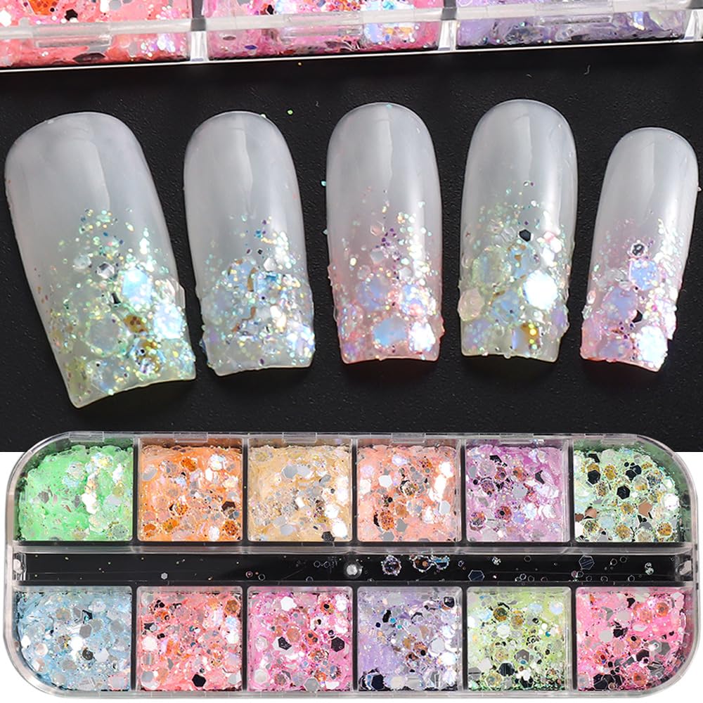 12 Grids Colorful Mermaid Nail Sequin Holographic Nail Art Glitter,Iridescent Nail Art Flake Glitter Decals Glass Paper Design Nail Accessories Acrylic Nails for Women Make Up DIY Nail Decoration-BrightBean Baby