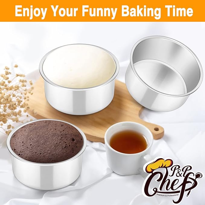 P&P CHEF Cake Pan Set of 4, Stainless Steel Baking Round Cake Pans Tins Bakeware for Birthday Wedding, Leak-proof & Easy Clean, Mirror Finish & Easy Releasing, 4 Inch