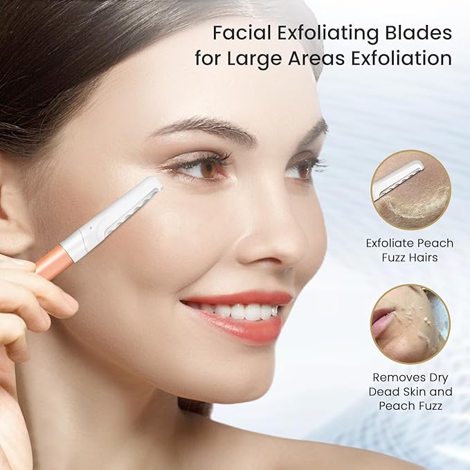 Dermaplaning Tool for Face Exfoliation, with 20 Replaceable Blades, Facial Shaver/Eyebrow Razor, Peach Fuzz Removal Eyebrow Shaper for Women, Easy to Use Dermaplaner Help Exfoliate and Smooth Skin-BrightBean Baby