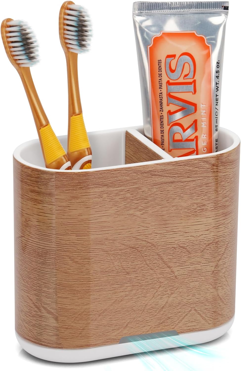 Toothbrush and Toothpaste Holder with Divider for Bathroom Countertop Organizer, 2 Slots Electric Toothbrush Holders Storage Caddy Drainage for Family, Kids(Wood Grain)-BrightBean Baby
