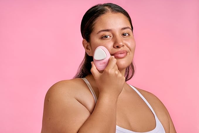 LOLLIPOP Dual-Sided Facial Cleansing Brush | Palm Size Silicone Face Exfoliator and Soft Fiber Cleanser | Manual Face Scrubber for Pores, Makeup Removal, Blackhead and Skincare Routine, Bubblegum-BrightBean Baby