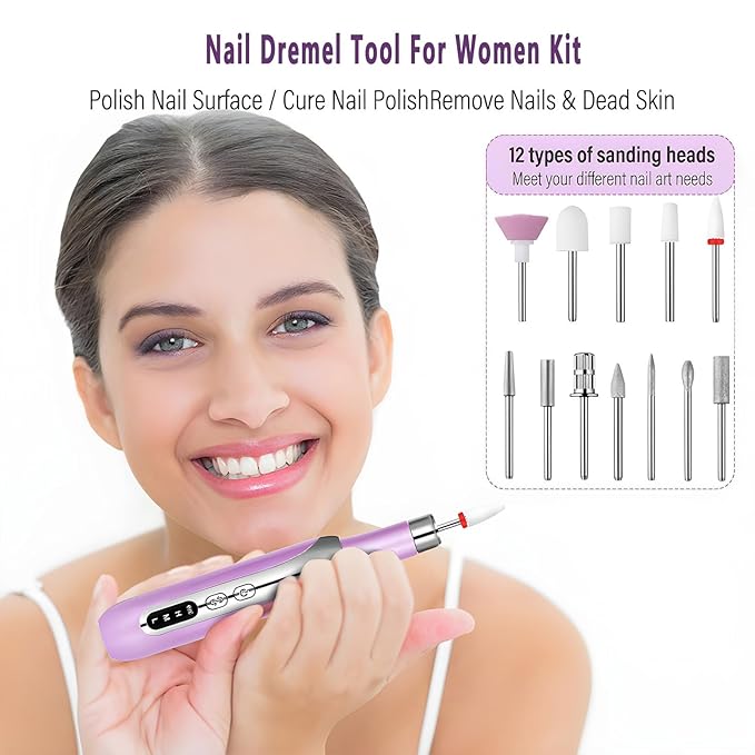 Electric Nail Drill File Cordless,Portable Rechargeable Nail File Kit for Acrylic & Gel Nails,Professional Efile for Manicure Pedicure Polishing,with 12 Nail Drill Bits 31 Sanding Bands,Purple-BrightBean Baby