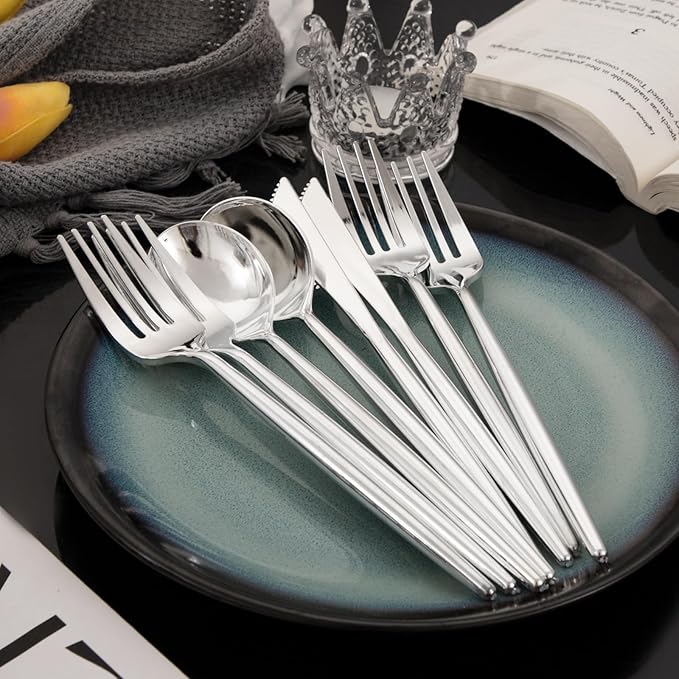 Rubtlamp 180 Pcs Silver Plastic Silverware, Silver Utensils Heavy Duty, Elegant Plastic Cutlery, Fancy Disposable Flatware, Forks Spoons and Knives Set For Party Mother's Day