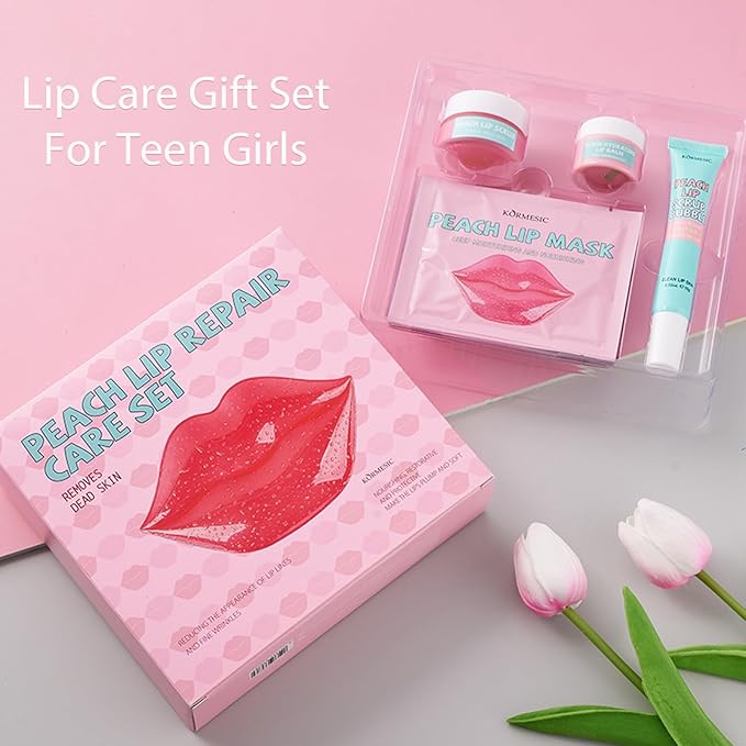 4 In 1 Peach Lip Care Kit With Lip Exfoliator Scrub And Moisturizer, Peach Scrub Bubble, Hydrating Lip Mask, Lip Scrubs Gentle Exfoliating, Instant Moisturizing, Lip Balm Hydrating For Very Dry Lips-BrightBean Baby