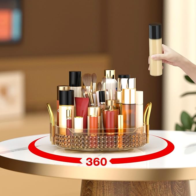 Awenia Rotating Makeup Organizer 360, Stackable Adjustable Large Capacity Cosmetic Storage Unit,Dresser Bathroom Kitchen Countertop Organizer with Metal Handle, Plus Size (Honorable Gold, 1 Tier)-BrightBean Baby
