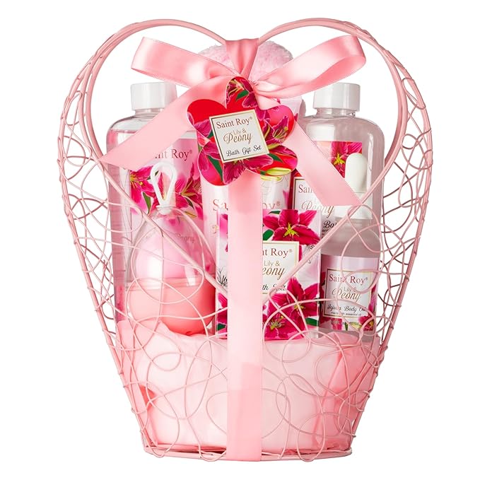 Gift Basket For Women, Mother's Day Gift for Mom Spa Set Lily & Peony Home Spa Set, Beauty Personal Care Set Jojoba Oil, Spa Self Care Kit, Bath Body For Thank You, Birthday, Mom, Anniversary Gift-BrightBean Baby