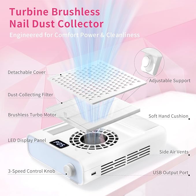 Missshine Dust Collector with Armrest – Professional 5-Speed Low Noise Vacuum Fan for Nail Techs – Powerful Suction with 10 Filter Papers for Salon & Home Use-BrightBean Baby