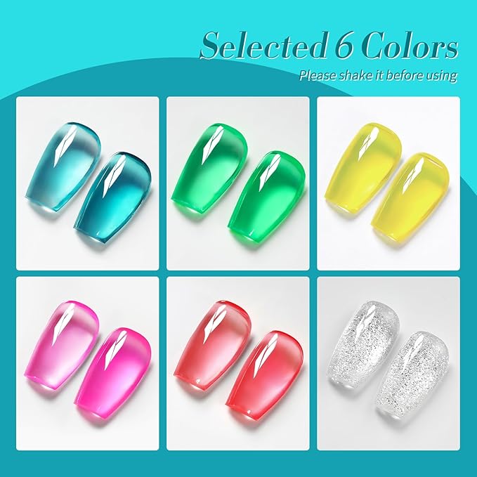 Born Pretty Jelly Gel Nail Polish Set Spring Summer Crystal Glass Translucent Pastel Sheer Gel Polish Pink Green Blue Red Yellow Silver Shiny Glitter Gel Nail Polish Nail Art Gel DIY Gift 6PCS-BrightBean Baby