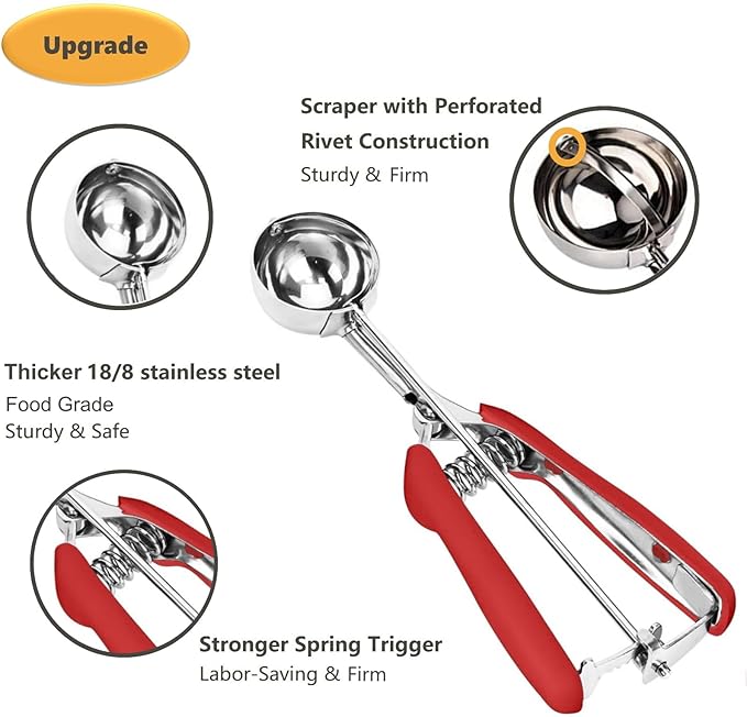 Cookie Scoop, Ice Cream Scoop, 1.5 Tbsp/ 23ml/ 0.7 oz Cookie Scoops for Baking, 18/8 Stainless Steel Cookie Scooper for Baking, Cookie Dough Scoop, Ice Cream Scooper with Trigger Release (Red)