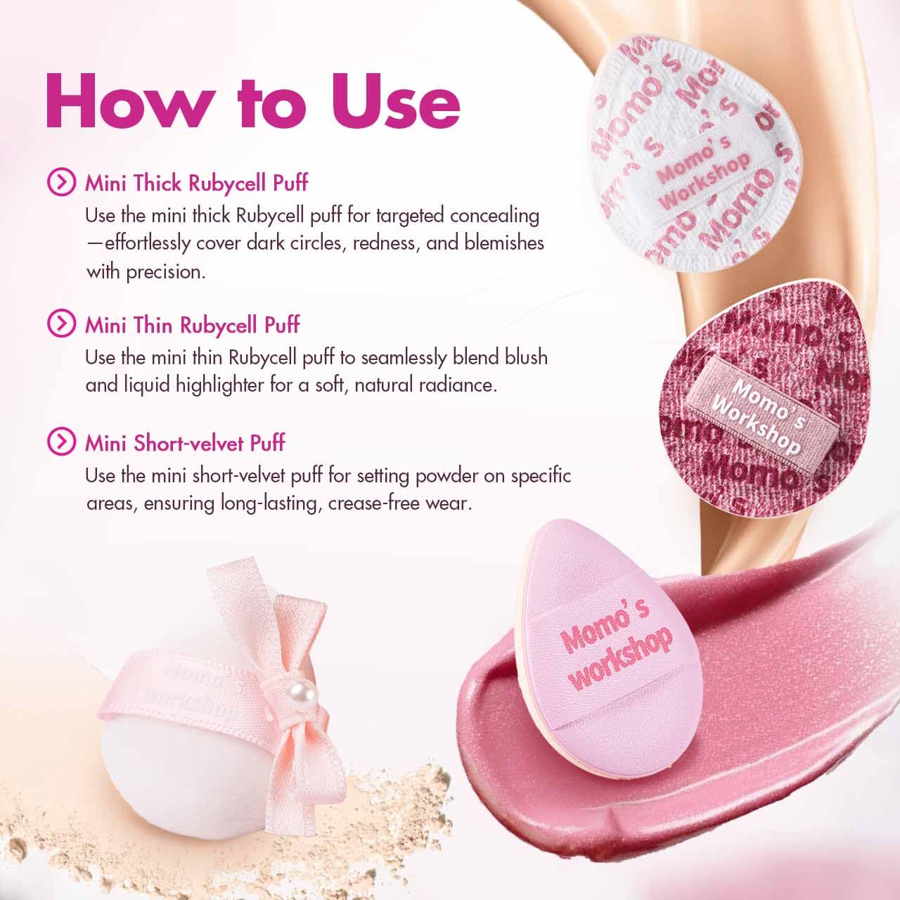 Mini Denim Makeup Sponge Set,Mini Makeup Blenders Sponge for Concealer/Blush/Highlighter, Perfect for Detail Work & Travel,4pcs Pink Mini Concealer Puffs with Travel Pouch-BrightBean Baby