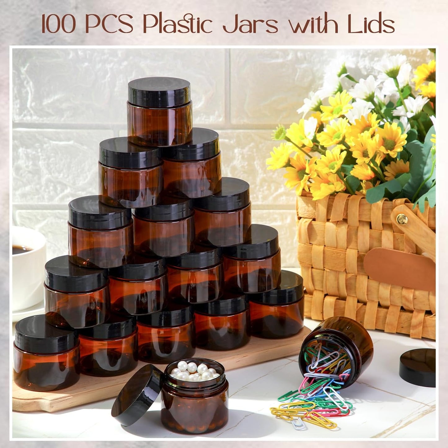 SATINIOR 100 Pcs Plastic Jars with Lids Small Containers Lids Wide Mouth Small Plastic Containers for Lotion Cream Rhinestones Body Butters Travel Storage(2 oz,Amber)-BrightBean Baby