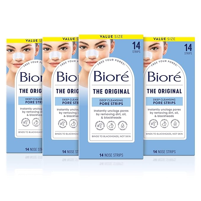 Bioré Original Blackhead Remover Strips, Deep Cleansing Nose Strips With Instant Pore Unclogging, Features C-Bond Technology, Oil-Free, Non-Comedogenic Use, 14 Count, Pack of 4-BrightBean Baby
