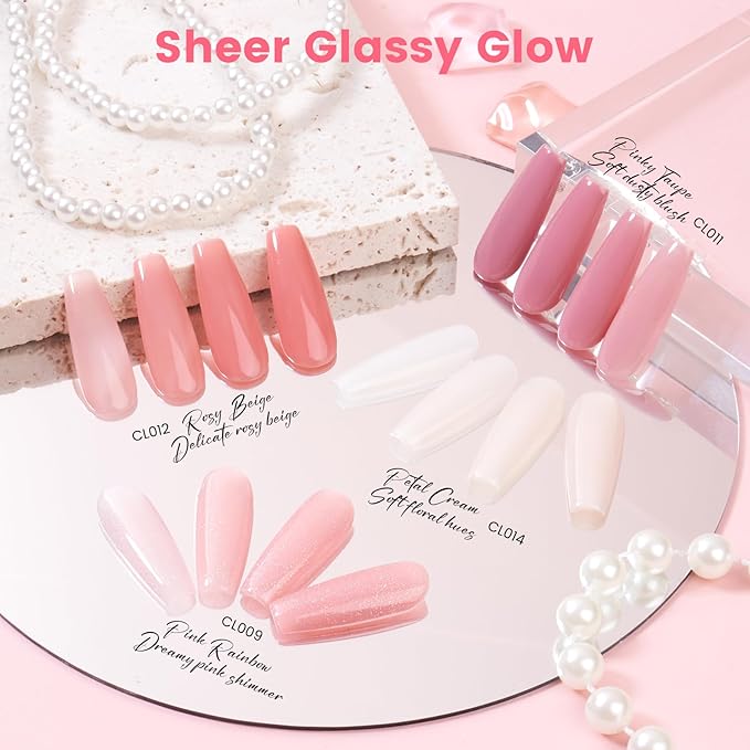 Jelly Gel Nail Polish Kit with U V Light, Hema-Free Milky Nude Sheer White Pink Gliter Gel Polish Set with Base & Top Coat Chrome Nail Powder, 4 Colors Mini Salon Nail Art Starter Gift for Women Girl-BrightBean Baby