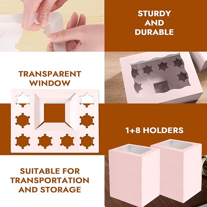 Pink 1+8 paper box 10pcs Bakery Boxes with Window,Stackable Cake and Cupcake Carriers, for Birthdays & Parties (Pink, 1+8(10Pack))