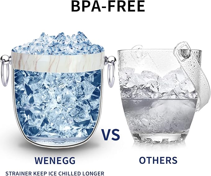 Ice Bucket with Lid, Scoop, Tongs and Strainer - Well Made Insulated Stainless Steel Keep Ice Frozen Longer - Ideal for Cocktail Bar, Parties, Chilling Wine, Champagne - 3 Liter (CarraraMarble)