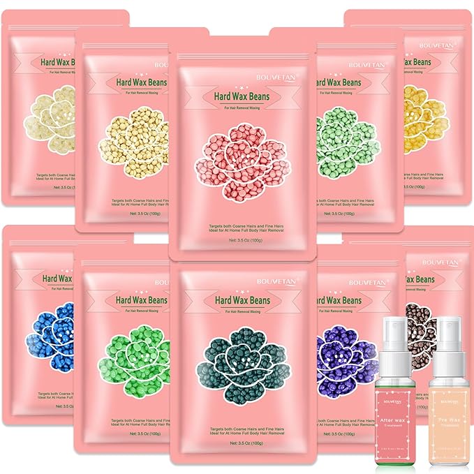 Wax Beads for Hair Removal, 2.2lb/1000g Hard Waxing Beans for Full Body, Brazilian, Bikini, Face, Eyebrows, Home Wax Refill for Women & Men, Pack of 10 with Pre & Post Oil-BrightBean Baby