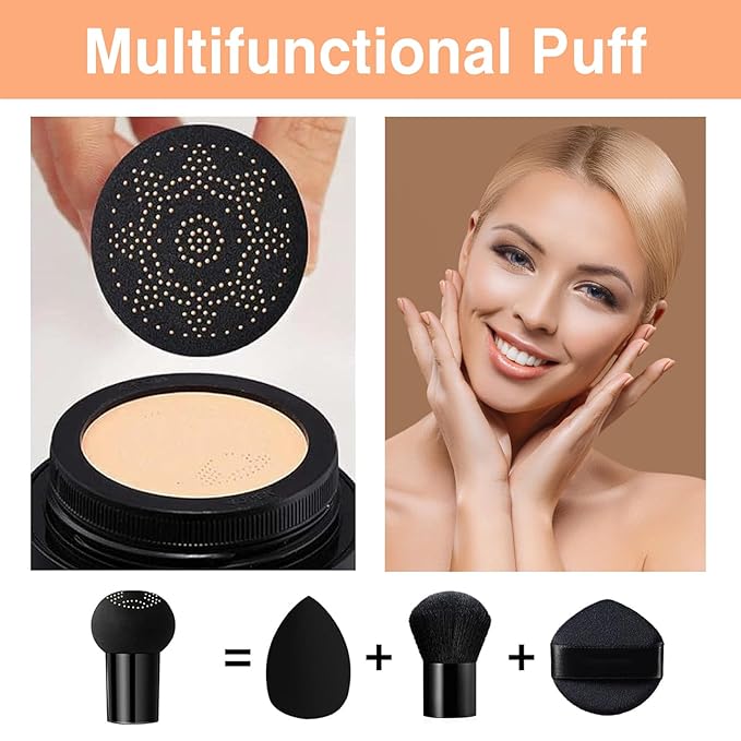 2Pcs Mushroom Head Air Cushion CC Cream, Long Lasting Oil Control BB Cream for All Skin Types, Moisturizing Foundation Face Makeup Set with Foundation Brush （#Natural）-BrightBean Baby