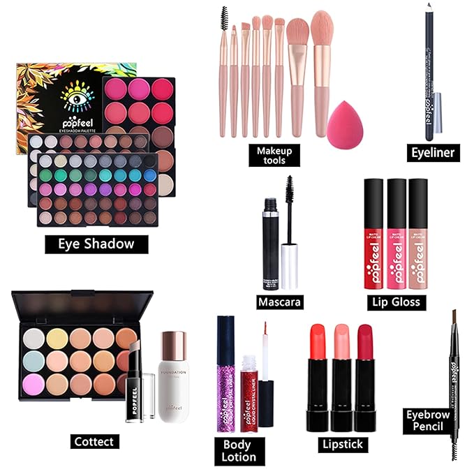 All-in-One Makeup Gift Set Travel Makeup Kit Complete Starter Makeup Bundle Lipgloss Lipstick Concealer Blushes Powder Eyeshadow Palette Cosmetic Palette for Teen Girls & Adults #18-BrightBean Baby