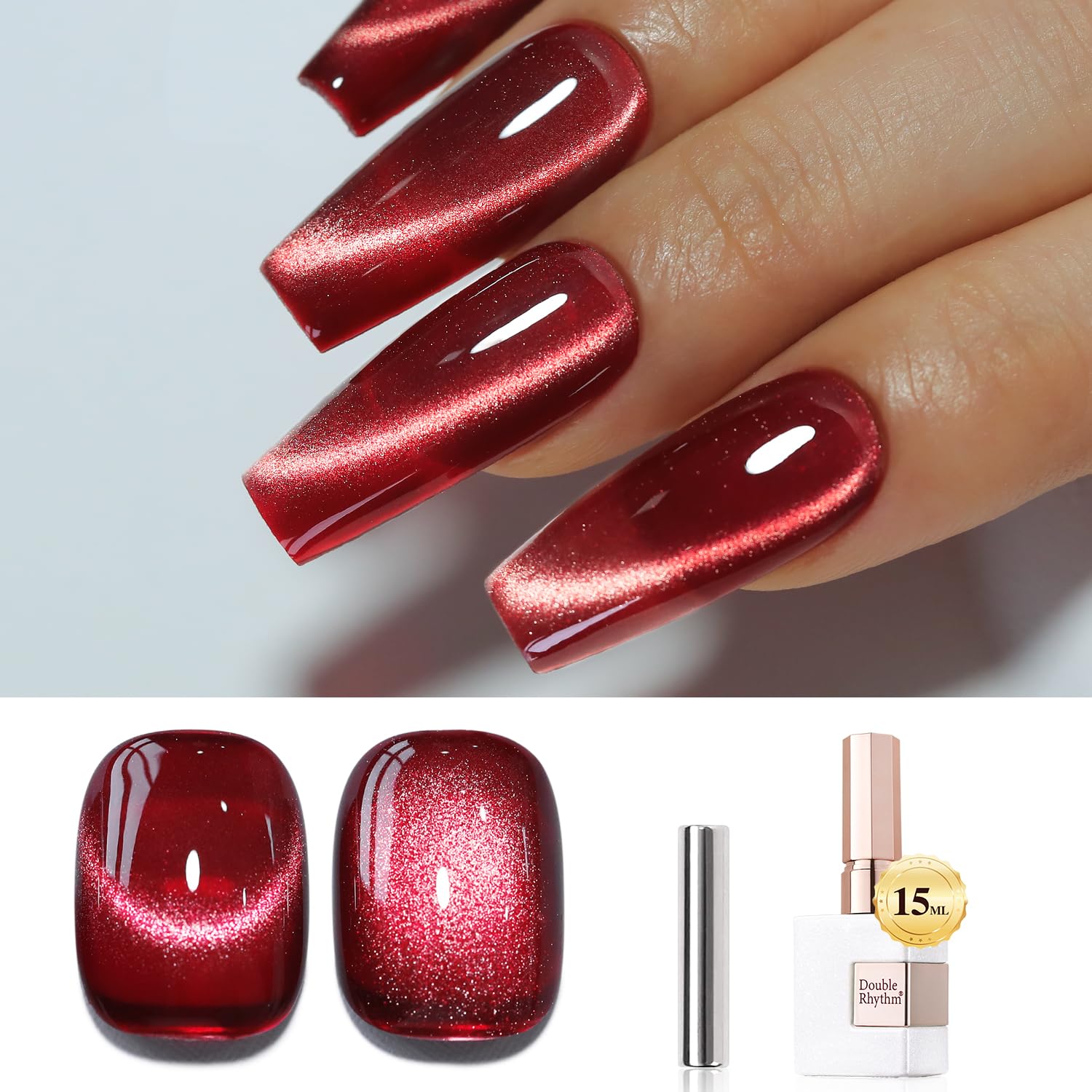 Double Rhythm Jelly Glass Cat Eye Gel Polish with Magnet 15ML Holographic Glitter Shimmer Translucent Sheer Color Magnetic Nail Polish Salon DIY at Home (Dark Red-MC1054)-BrightBean Baby