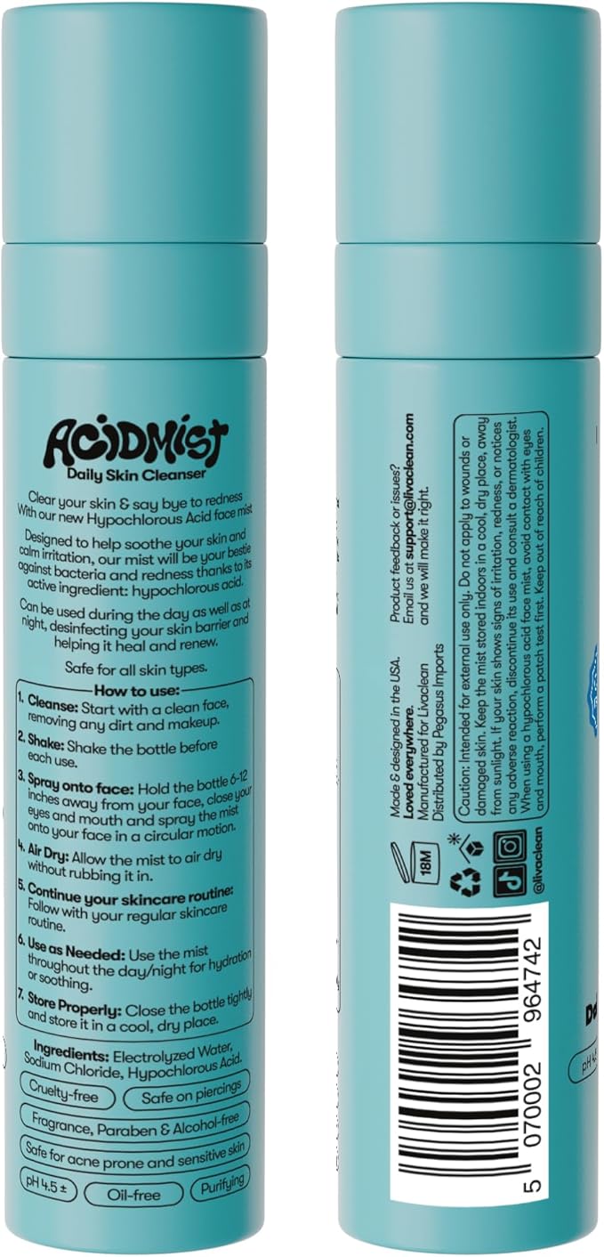 Hypochlorous Acid Spray for Face & Body - Helps Reduce Redness and Breakouts - Travel Size Hypochlorous Spray, Multi-Purpose Topical Facial Skin Repair, pH-Balancing Toner - TSA, Livaclean-BrightBean Baby
